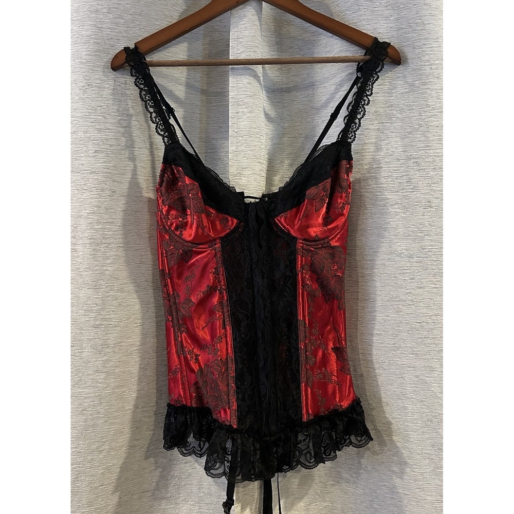 Shirley Of Hollywood Corset 38 Red Black Lace Up Back Bustier Witchy Gothic Sexy